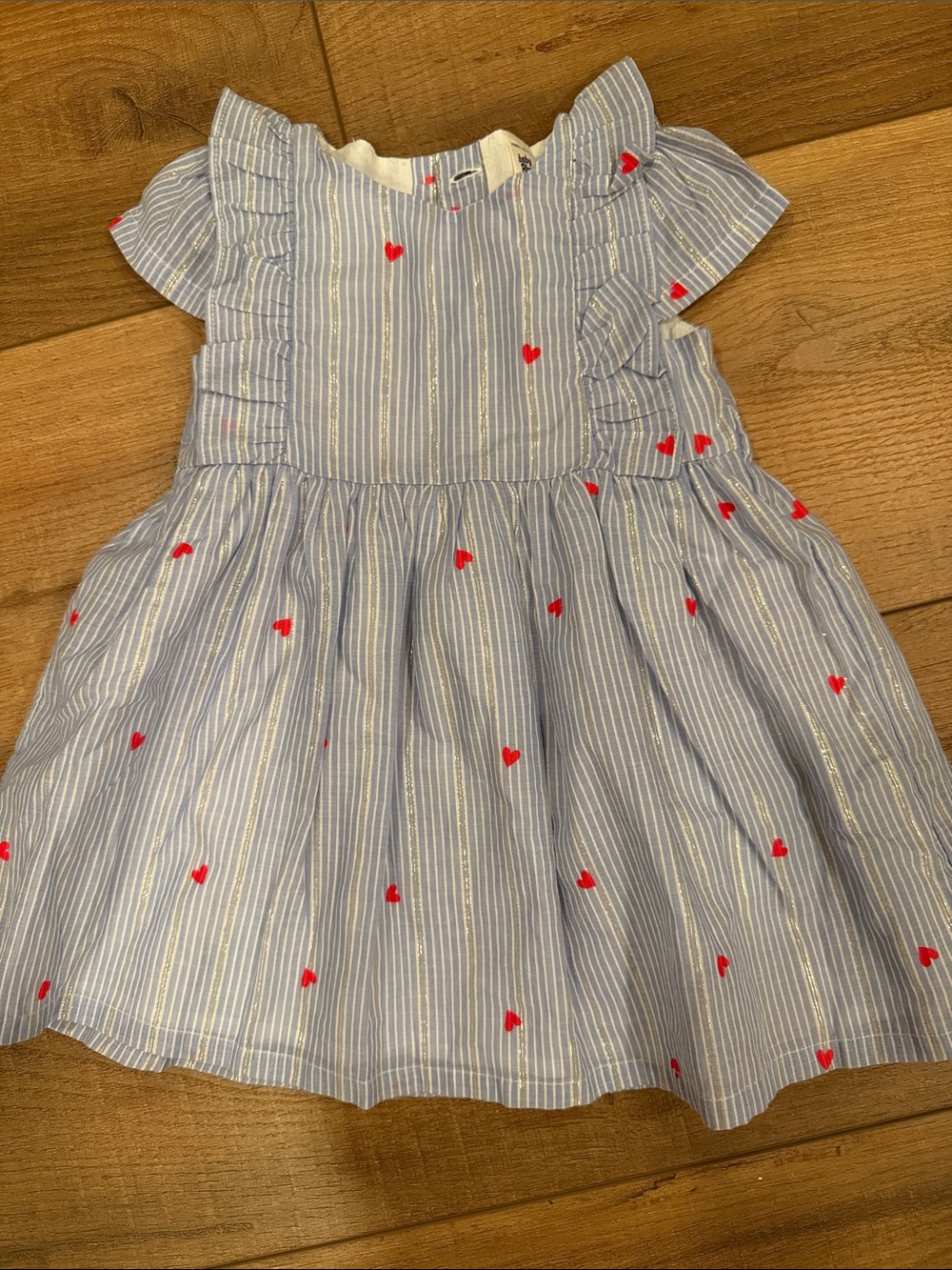 Blue and White Stripe Kids Dress with Red Heart Embroidery Silver 18M